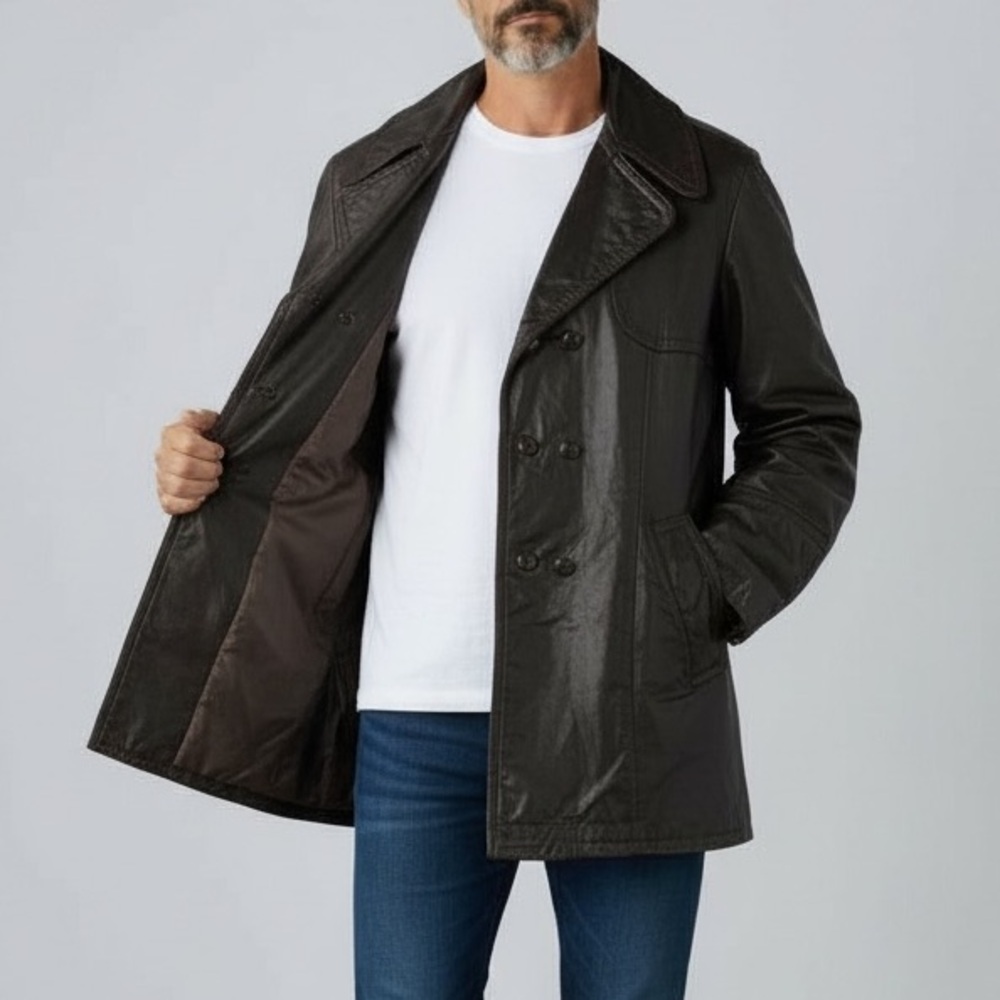 Vtg Sears Men’s Brown Leather Coat Sz 40 | Double‎ Breasted 3/4 Length Lined